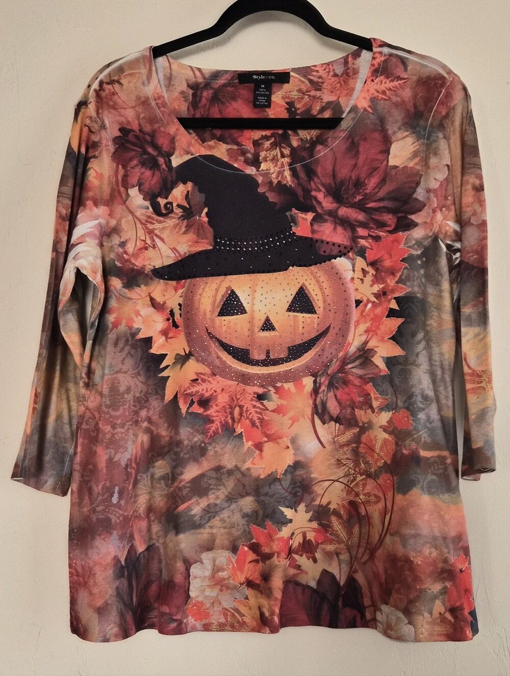 Style & Co. Halloween Jack-O'-Lantern Scoop Neck Long Sleeve Top - Orange Multi